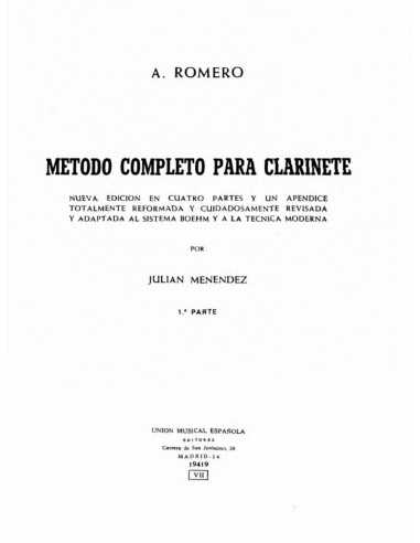 Método Completo Clarinete. 1ª parte. Romero, Antonio / Menéndez, Julián
