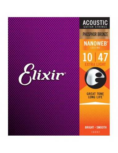 Juego Cuerdas Guitarra Acústica ELIXIR Nanoweb Phosphor Bronze Extra Light 16002 ( 10-47 )
