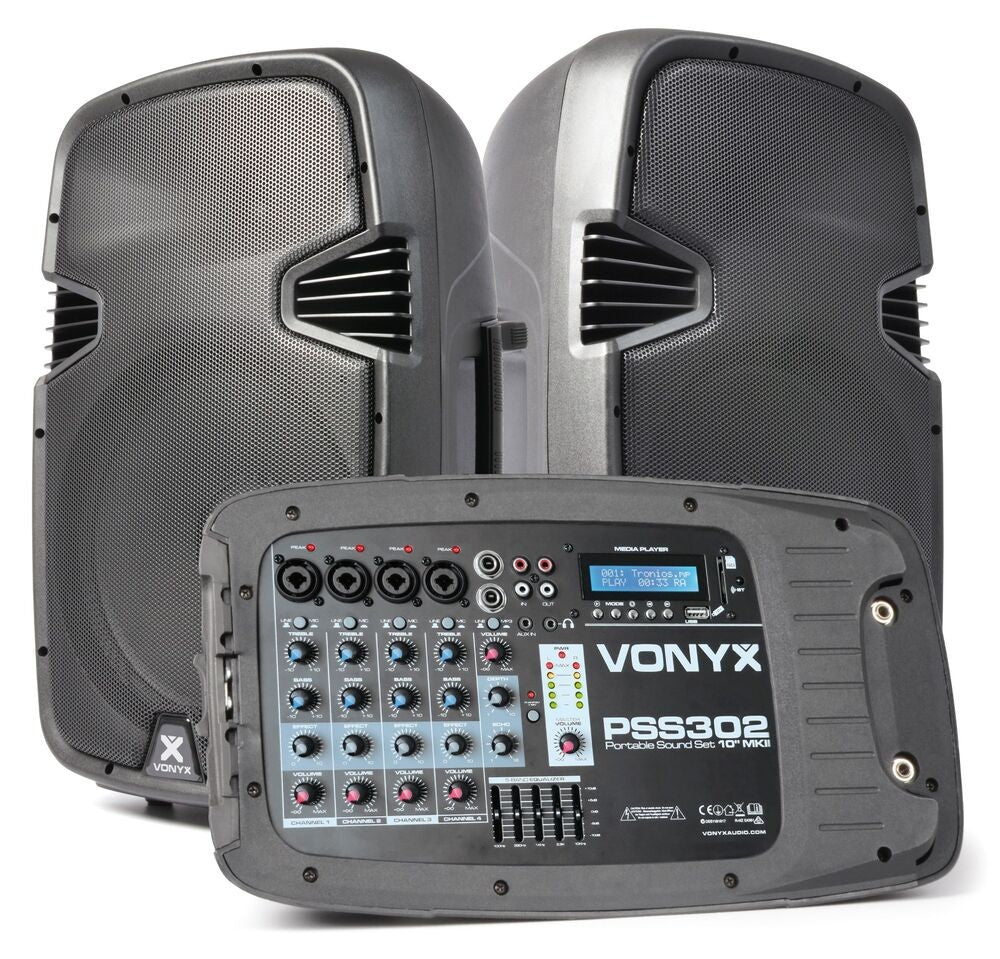 Vonyx PSS302 10" Active Speaker Set with Stands and Microphone