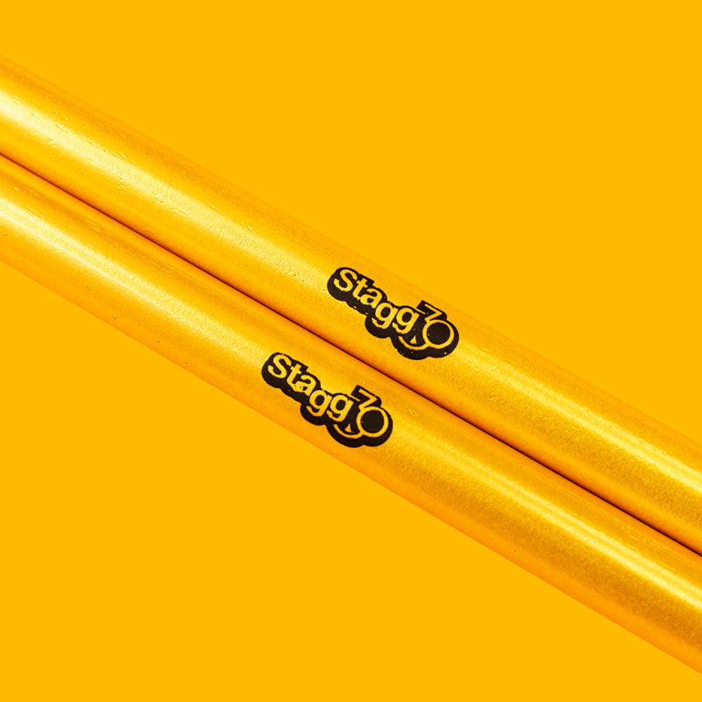 Baquetas Bateria Stagg Hickory 5A Punta Madera 30 Aniversario Doradas SHV5A-GD_03
