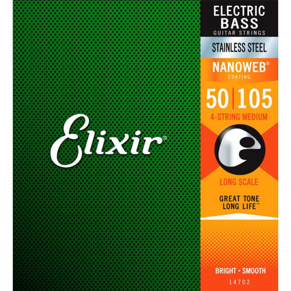 Elixir Stainless Steel Bass Guitar Strings, 4-String Set, .050-.105 Gauge (14702)