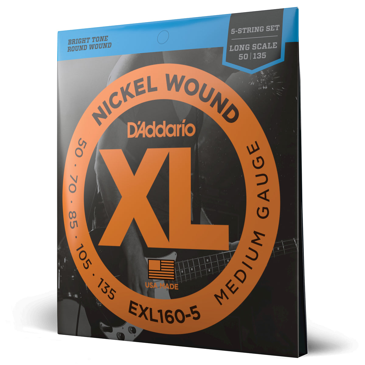 Juego Cuerdas Guitarra Bajo D'Addario 5 Cuerdas Entorchado Niquel, Escala Larga Tension Media EXL160-5