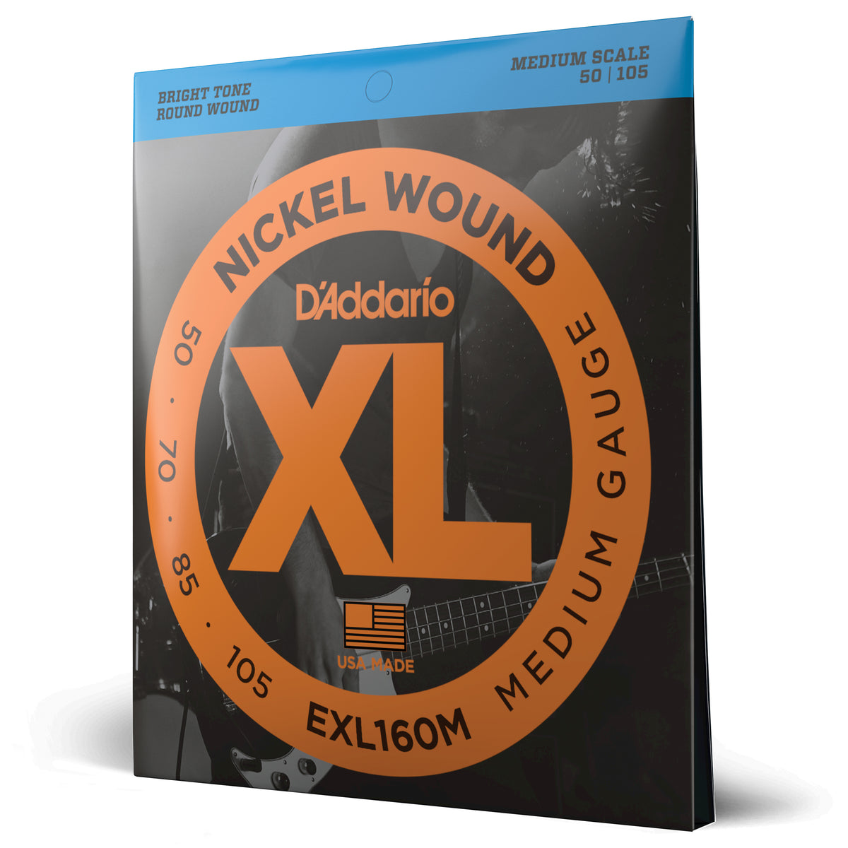 Juego Cuerdas Guitarra Bajo D'Addario Entorchado Niquel, Escala Media Tension Media EXL160M