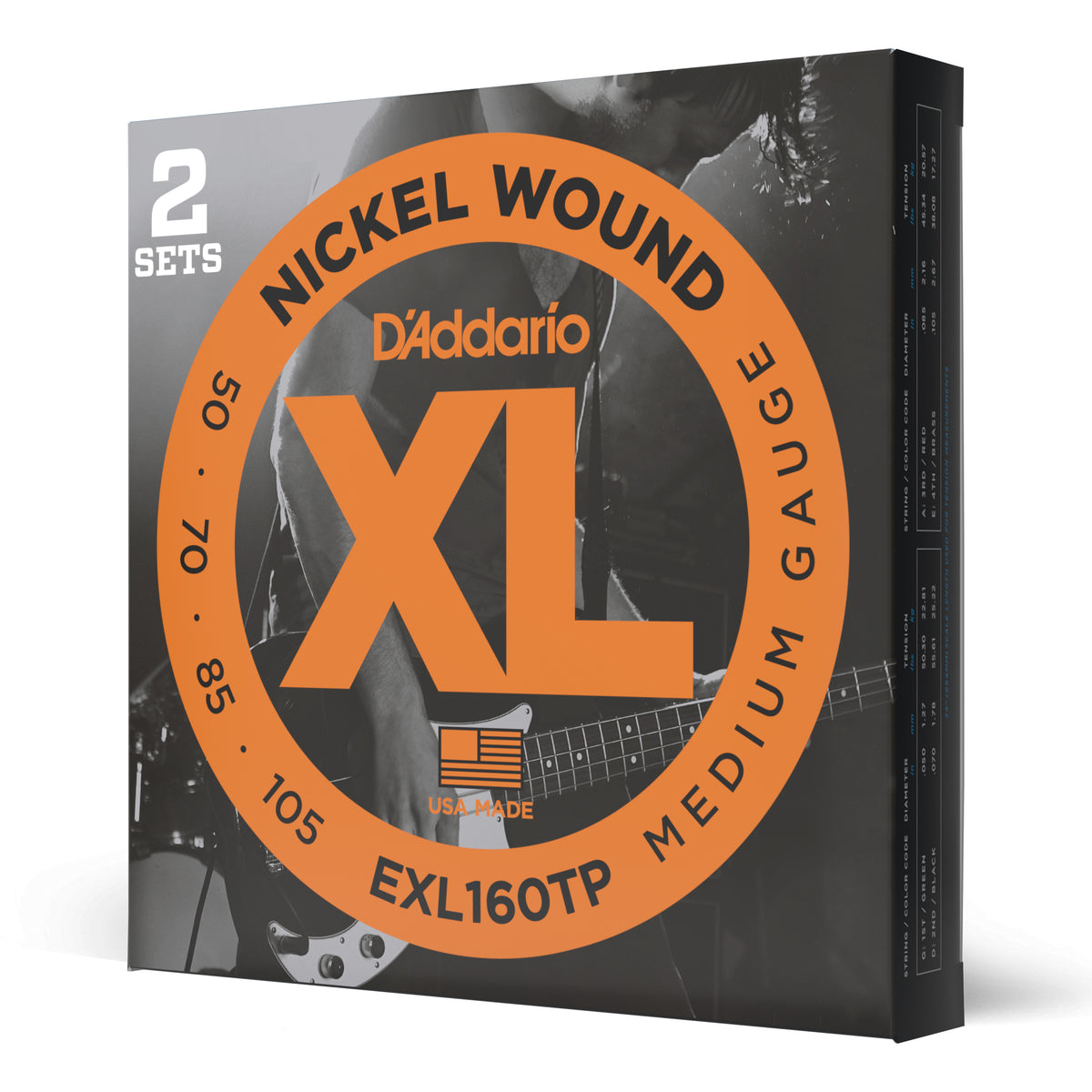Juego Cuerdas Guitarra Bajo D'Addario Entorchado Niquel, 2 Sets, Escala Larga Tension Media EXL160TP