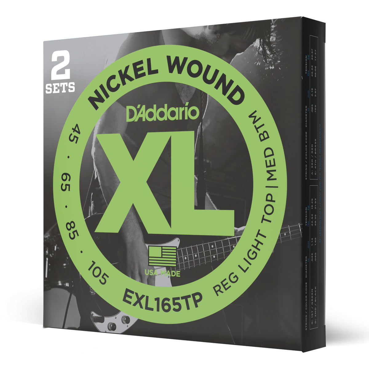 Juego Cuerdas Guitarra Bajo D'Addario Entorchado Niquel, 2 Sets, Escala Larga Tension Blanda Personalizada EXL165TP