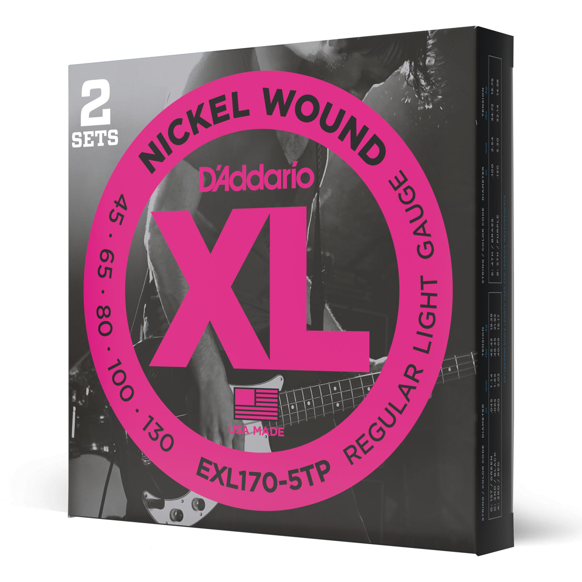 Juego Cuerdas Guitarra Bajo D'Addario Entorchado Niquel, 2 Sets, Escala Larga Tension Blanda EXL170-5TP
