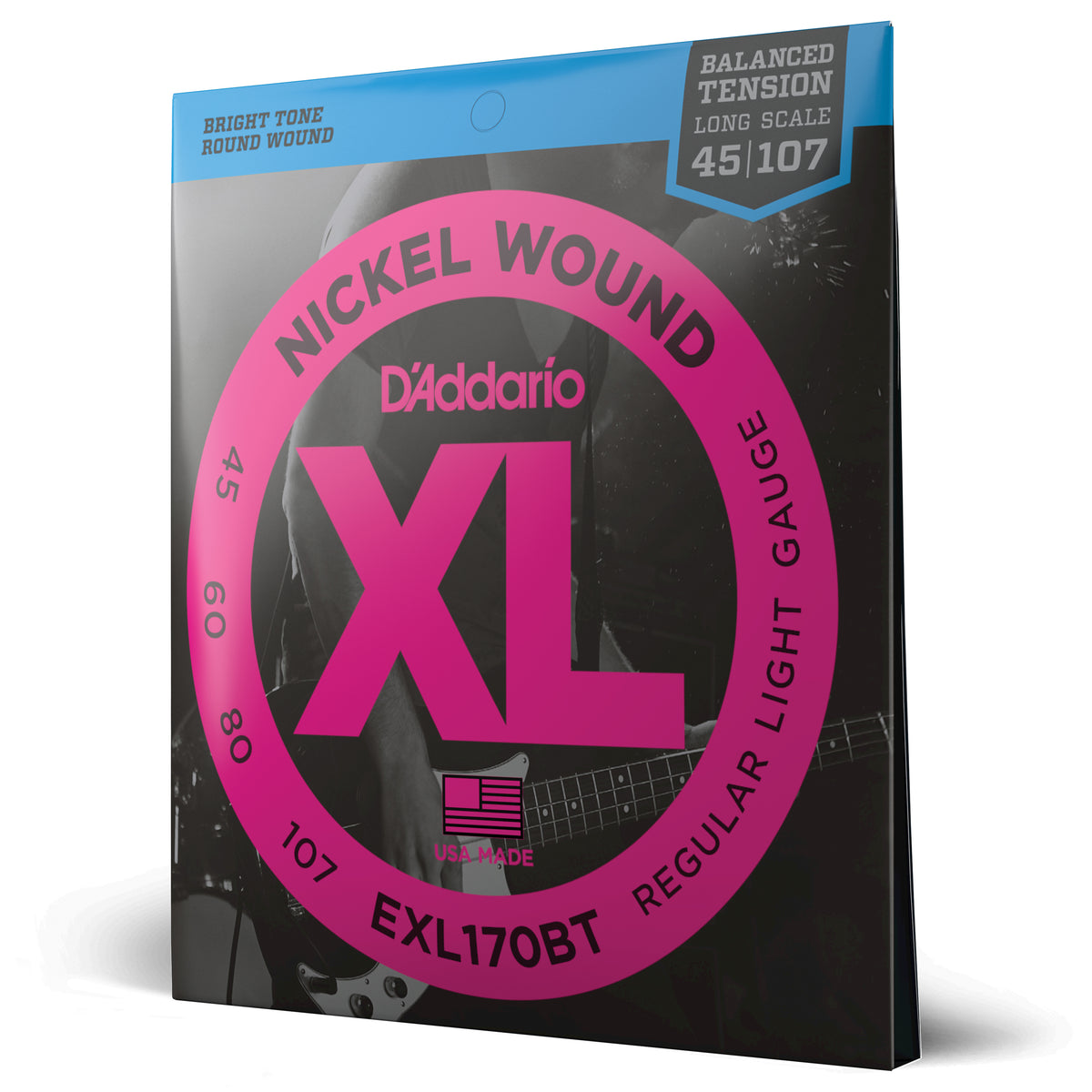 Juego Cuerdas Guitarra Bajo D'Addario Entorchado Niquel, Balanced Tension Escala Larga Tension Blanda EXL170BT