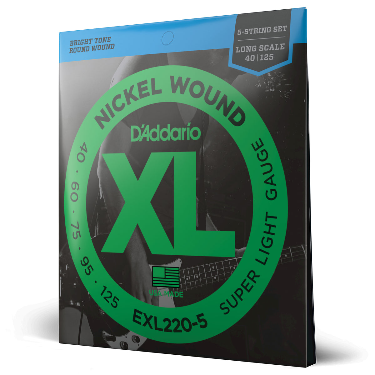 Juego Cuerdas Guitarra Bajo D'Addario 5 Cuerdas Entorchado Niquel, Escala Larga Tension Super Blanda EXL220-5